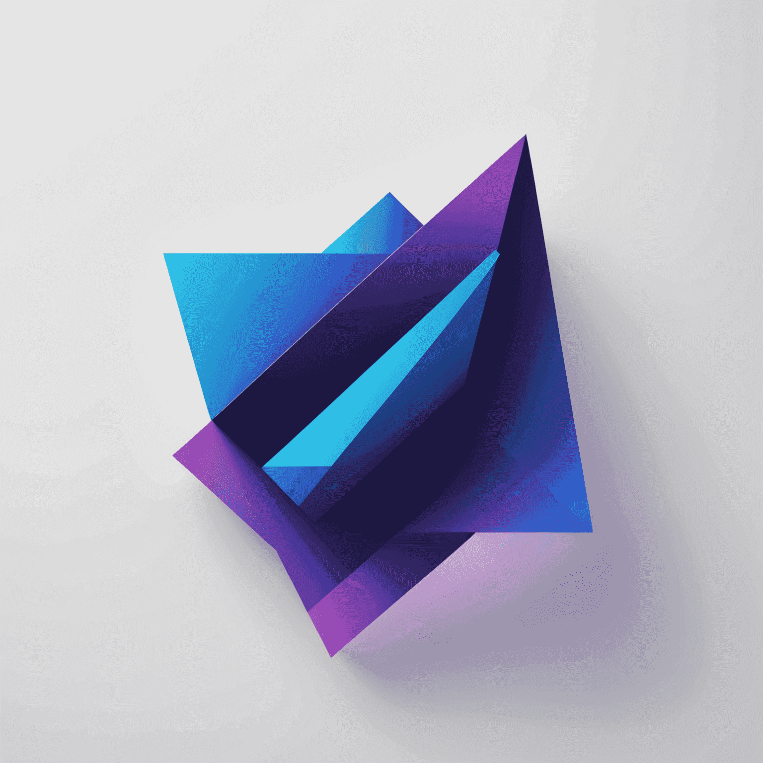 A minimalist web design showcasing a subtle gradient from deep blue to purple, with a beam of volumetric light cutting diagonally across the screen, illuminating floating geometric shapes in the vast negative space.