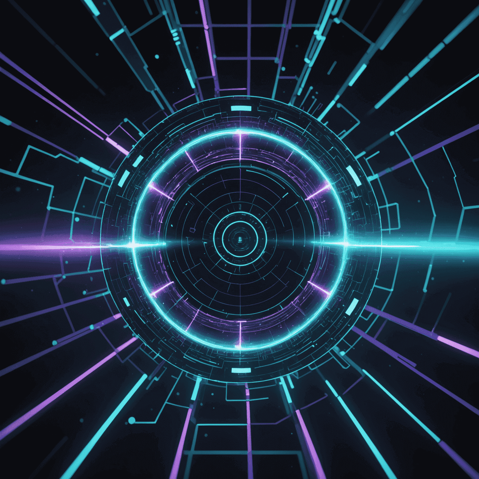 A futuristic web interface with holographic elements floating in a dark space, illuminated by ethereal cyan and violet light streams. The image showcases a seamless blend of 3D objects, particle effects, and translucent UI components, symbolizing the merging of digital and physical realities.