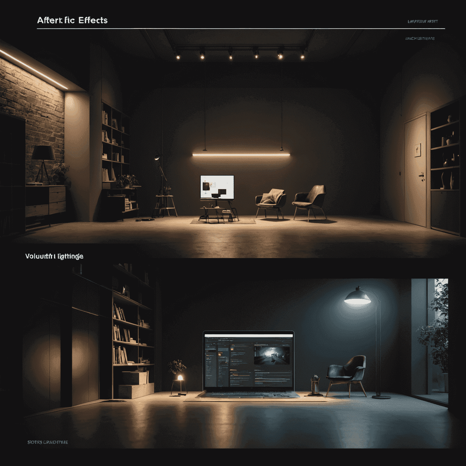 A side-by-side comparison of a web page before and after applying volumetric lighting effects. The 'after' image shows soft, directional light beams illuminating key UI elements against a dark background, creating a sense of depth and focus.