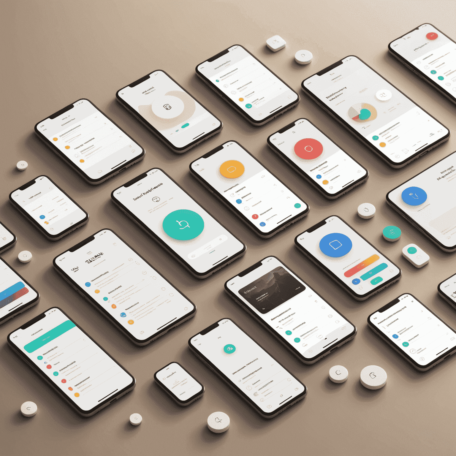A series of UI components arranged in a flowing, dance-like pattern. Buttons, menus, and content blocks are visualized as abstract shapes in motion, with trails of light showing their movement paths across different device screens.