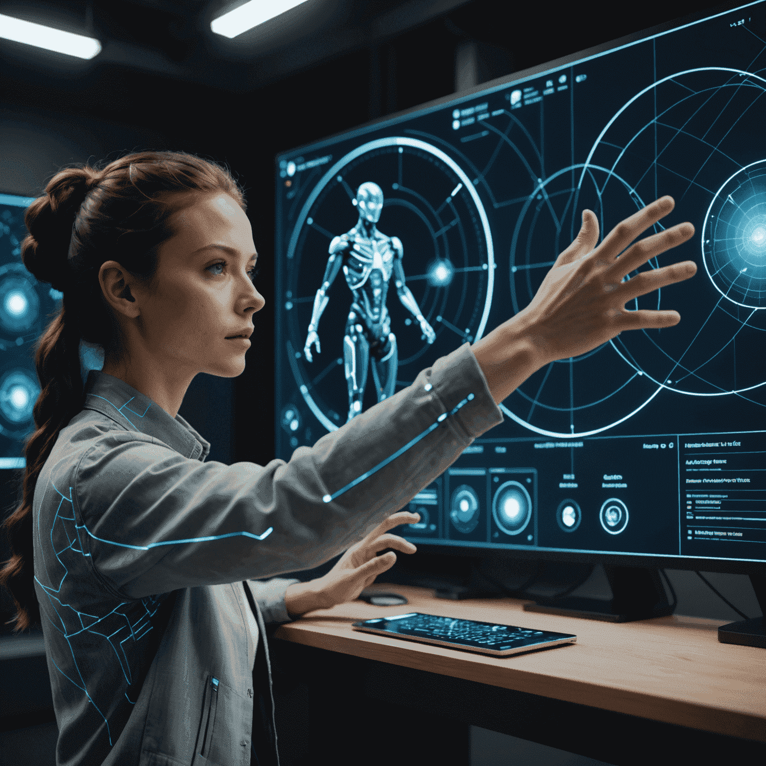 A futuristic interface showing an artist using gesture controls to manipulate AI-generated animations in real-time, surrounded by holographic displays of motion data