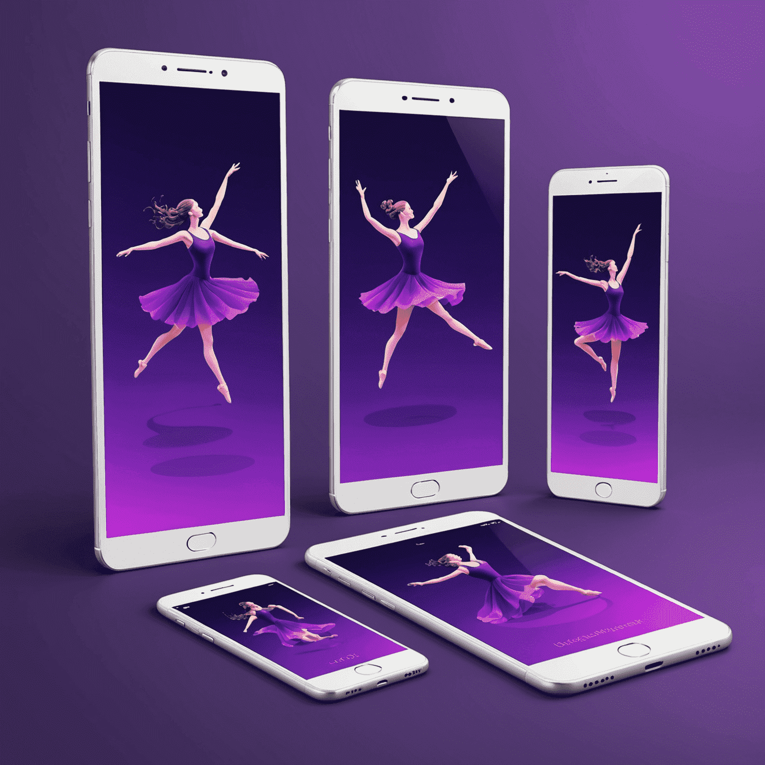 Illustration of responsive design elements moving like dancers across different device screens, set against a vibrant violet background